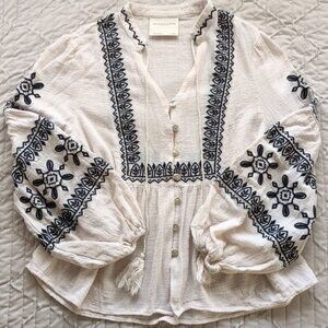 100% Cotton Peasant Blouse with Embroidery and Dramatic Bell Sleeves